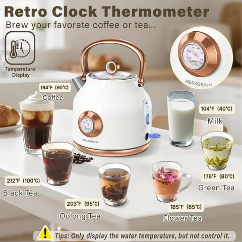1.7L Stainless Steel Electric Kettle With Big Temperature Gauge And LED Indicator, surrounded by beverages, white