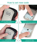 Instructions for setting code on Rugged 4 Digit Key Safe Box for Wall Mount, showing steps with visual aids and finger actions