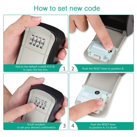 Instructions for setting code on Rugged 4 Digit Key Safe Box for Wall Mount, showing steps with visual aids and finger actions