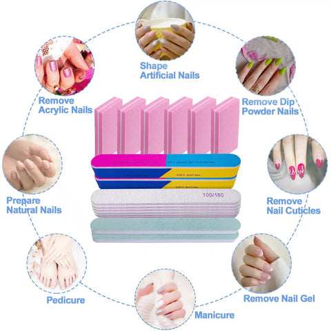 All In One Nail File And Buffer Kit Pack Of 16 with pink buffer blocks, gray emery boards, and green white shine buffers, 100/180 grit