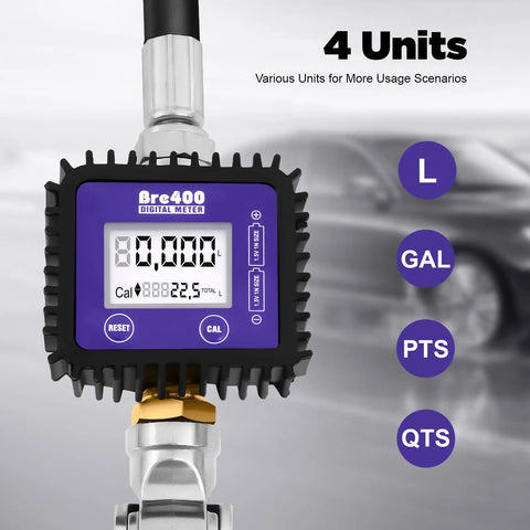 Heavy Duty Digital Oil Control Valve Meter Nozzle Pneumatic Flow Gun With Cozy Grip Handle Energy Efficient Smart Hibernation Mode For Shop Pros display showing various units.