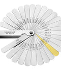 Front view of stainless steel 32-blade feeler gauge set with metric and SAE markings.