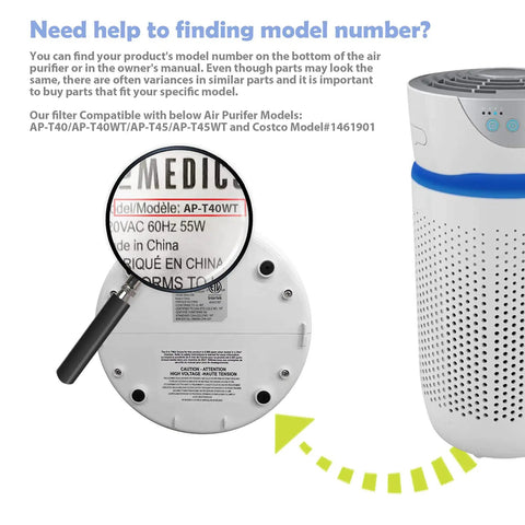 Magnified view of air purifier model number and Homedics device showing Replacement Filter For Homedics Air Purifier Exact Fit For AP T45 AP T45WT AP T40 AP T40WT AP T40WTAR Costco Model 1461901 Keeps Your Indoor Air Fresh And Clean With No Hype.