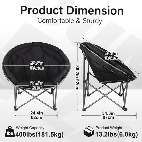 XXL Folding Round Camping Chair With Super Cushioned Padded Seat For All Day Comfort Heavy Duty Frame Supports Up To 400 Lbs diagram