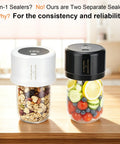 Dual Mason Jar Vacuum Sealer Kit With Separate Wide Mouth And Regular Mouth Sealers Plus 20 Canning Lids on jars with food.