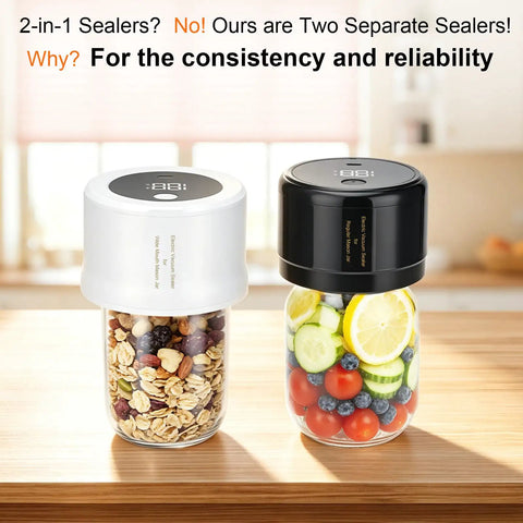 Dual Mason Jar Vacuum Sealer Kit With Separate Wide Mouth And Regular Mouth Sealers Plus 20 Canning Lids on jars with food.