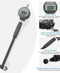 Digital Dial Bore Gauge Set 50-160mm (2-6 In) With 0.01mm Resolution, features include digital display and interchangeable anvils.