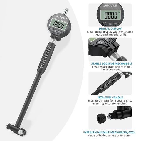 Digital Dial Bore Gauge Set 50-160mm (2-6 In) With 0.01mm Resolution, features include digital display and interchangeable anvils.