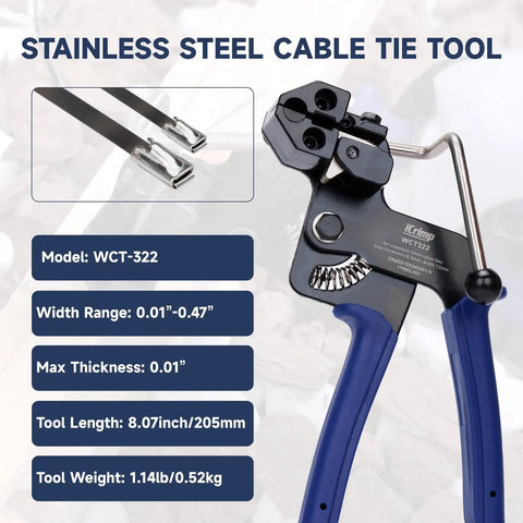 One Hand Operation Stainless Steel Cable Tie Tool Zip Gun With Built In Cutter And Release Pro Grade Tensioner displayed with specs