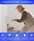 Heavy Duty Iron Wall Mount Stair Hand Rail With A Hella Strong Non Slip Grip For Outdoor Steps Or Bathroom Porch Classic White Finish No Fuss Setup Grab On Tight One Pack, U-shaped design with an elderly woman using it.