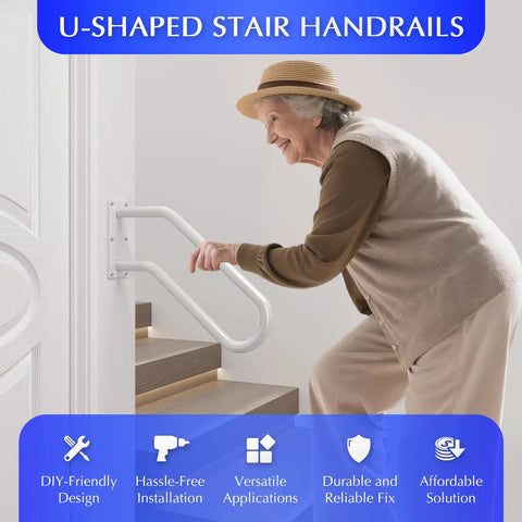 Heavy Duty Iron Wall Mount Stair Hand Rail With A Hella Strong Non Slip Grip For Outdoor Steps Or Bathroom Porch Classic White Finish No Fuss Setup Grab On Tight One Pack, U-shaped design with an elderly woman using it.