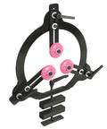 BMWOOD woodturning steady rest MC-FS7 for 12-16 inch lathes; black metal frame with pink roller wheels.