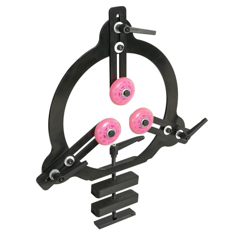 BMWOOD woodturning steady rest MC-FS7 for 12-16 inch lathes; black metal frame with pink roller wheels.