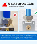 Comparison of gas leak detection using the Heavy Duty 3/4 Inch Compressed Air Line Kit For Shop And Garage With HDPE Aluminum Rapid Air System Includes Right Angle Fittings And Tee Fittings Leak Proof Piping System That Is Easy To Install And Use, showing incorrect and correct fittings sealing with bubble test guidance