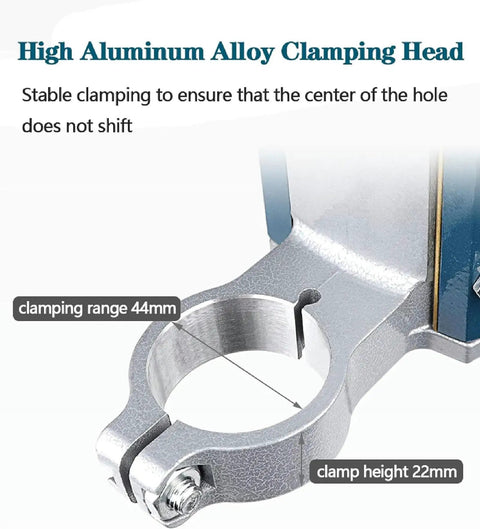 High aluminum alloy clamping head of heavy duty drill press stand for hand drill with vise showing 44mm range and 22mm height
