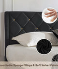 Queen Size Platform Bed Frame With Velvet Upholstered Headboard Featuring Modern Rivet Grid Pattern And High Density Foam close-up of soft velvet fabric and breathable sponge fillings