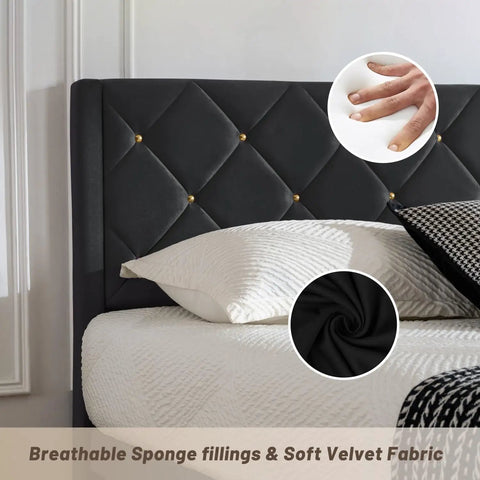 Queen Size Platform Bed Frame With Velvet Upholstered Headboard Featuring Modern Rivet Grid Pattern And High Density Foam close-up of soft velvet fabric and breathable sponge fillings