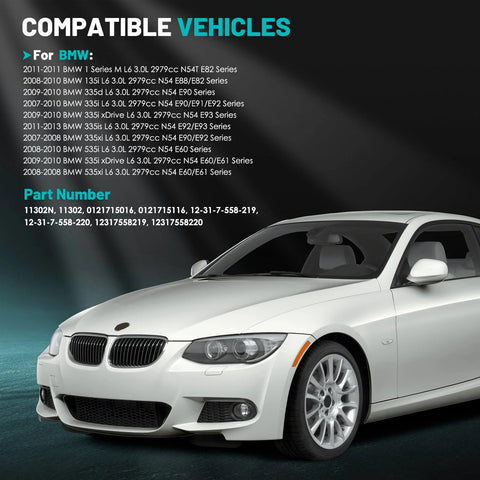 Compatible BMW vehicles list with a white BMW car and part numbers for Beefy 180 Amp High Output Replacement Alternator for BMW 135i 335d 335i xDrive 335is 335xi 535i 535i xDrive 535xi 12 Volt CW Rotation 7 Groove Pulley Fits OEM Numbers 0121715016 0121715116 visible.