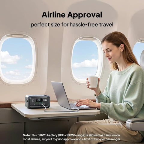 Elite 10 Mini Portable Power Station 128Wh LiFePO4 Battery with 200W AC Outlet on airplane tray table powering a laptop