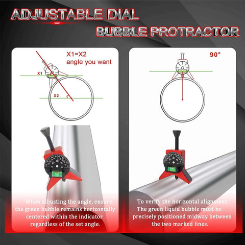 Pipe center finder tool with magnetic centering head; red and black body, adjustable dial bubble protractor for 1.5–6 in pipe