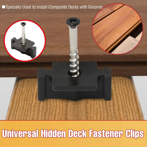 Hidden Deck Fasteners For Composite Decking With Stainless Steel Screws Universal Clips For Wood Framing shown on wood surface.