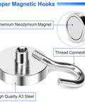 Heavy Duty Magnetic Hooks Set With 85lb Capacity, Neodymium Magnets And Hooks In Silver, Six Pack, Rust Resistant Ni Cu Ni Coated