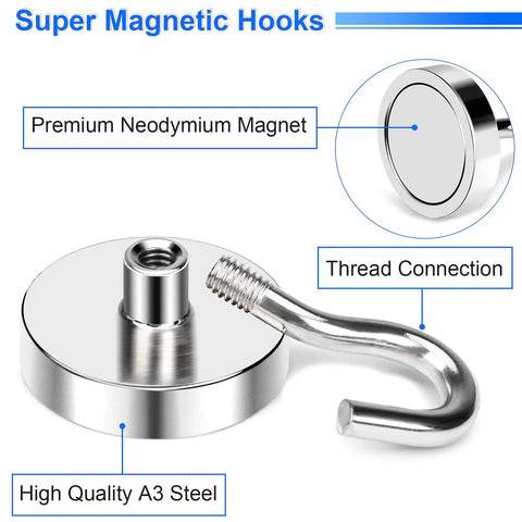 Heavy Duty Magnetic Hooks Set With 85lb Capacity, Neodymium Magnets And Hooks In Silver, Six Pack, Rust Resistant Ni Cu Ni Coated