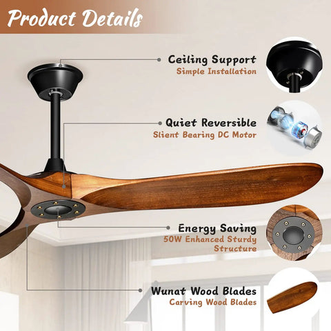 52 Inch Wood Ceiling Fan With Remote Control Three Reversible Solid Mahogany Blades Six Speed Quiet DC Motor Noiseless Performance details