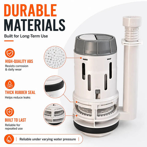 3 Inch Dual Flush Valve Replacement Kit For Most 2 Piece Toilets Inside Tank With Fill Valve Push Button Gasket And Bolts No More Leaks No More Running Toilet Better Flush Water Saving, showing durable ABS material with rubber seal.