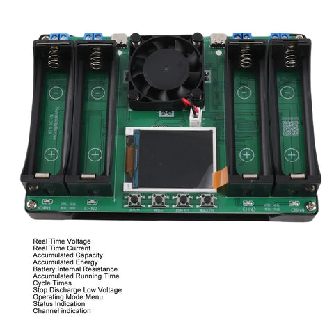 Straight Up Battery Diagnostics With This 4 Channel Capacity Tester Module featuring battery slots, LCD display, and control buttons.