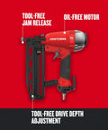 Red Finish Nailer 16 Gauge Pneumatic with oil-free motor, tool-free jam release and depth adjustment on a red background.