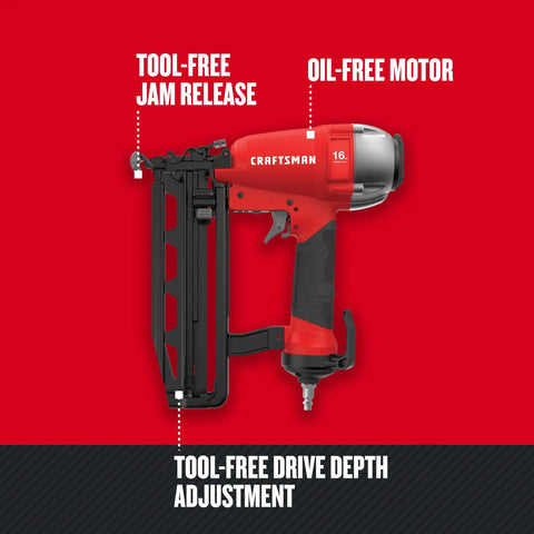 Red Finish Nailer 16 Gauge Pneumatic with oil-free motor, tool-free jam release and depth adjustment on a red background.