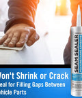 Go-To Paintable Polyurethane Seam Sealer For Auto Body Gaps And Welds, Flexible Joint Filler bottle with person applying sealer