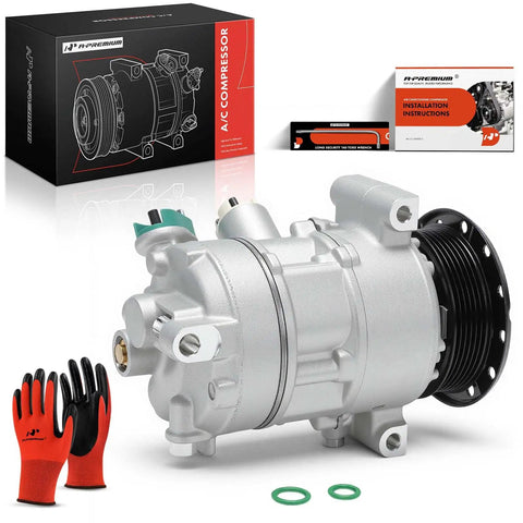 Replacement AC Compressor With Integrated Clutch Six Groove Pulley For Dodge Caliber Jeep Compass 2007 To 2009 front view with packaging.