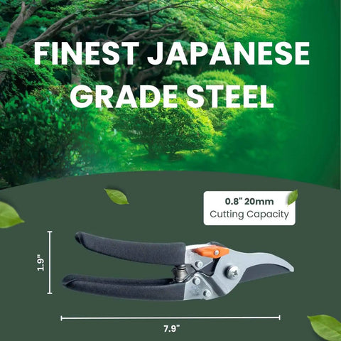 Japanese Made Bypass Pruning Shears for Serious Garden Work, 7.9 Inch Long, cutting capacity illustration, displayed on greenery.