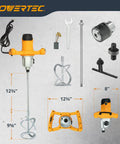 Electric Mortar Mixer Dual Handheld Design 1600W High Torque Two Speed Gearbox 3 Blade Spiral Paddle with accessories layout