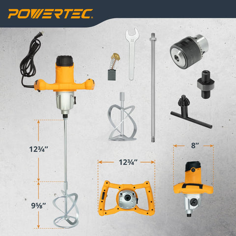 Electric Mortar Mixer Dual Handheld Design 1600W High Torque Two Speed Gearbox 3 Blade Spiral Paddle with accessories layout