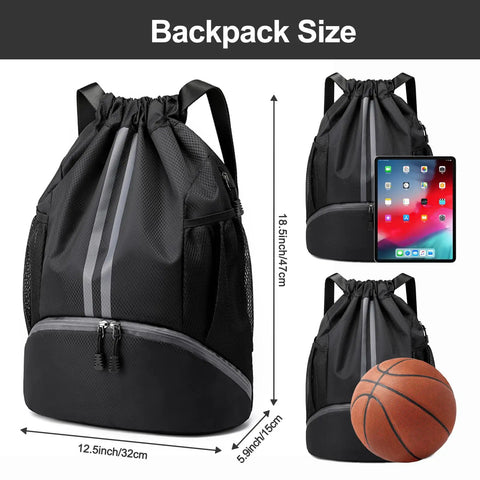 Drawstring Sports Gym Backpack With Wet Dry Separation, Shoes Compartment, Water-Resistant Material, Lightweight Swim Bag sizing guide