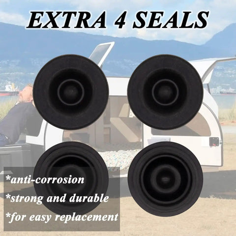 Extra 4 seals for 4 Pack 1.98 Inch Trailer Hub Caps With Dust Caps And Grease Caps Wheel Center Caps Plus 8 Rubber Plugs Fits 2000 To 3500 Pound Boat Trailers Keeps Hubs Clean Protects Axles And Bearings Easy Install Must Have Trailer Gear shown against a backdrop of a trailer with a mountain view.