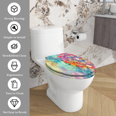 Elongated Toilet Seat for Bathroom, 14.5" x 18.5", colorful design, ergonomic, easy to clean, fits most standard toilets.