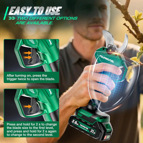 Cordless Electric Pruning Shears That Flat Out Cut Up To 2.1 Inch Branches, LCD Display, 21 Volt Brushless Motor, dual grip view.