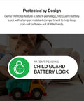 Image showing a child playing with a toy truck and a Genie remote featuring a Child Guard Battery Lock label for safety.