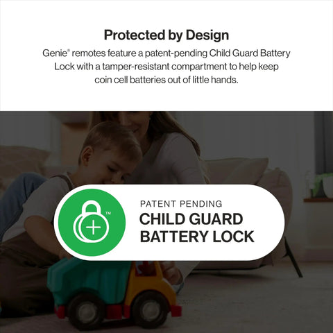Image showing a child playing with a toy truck and a Genie remote featuring a Child Guard Battery Lock label for safety.