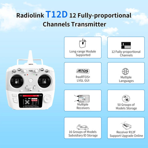 T12D 12CH 2 4G RC Transmitter With R12F Receiver, Micro ELRS And TBS Crossfire Compatible, 50 Model Memory, white transmitter
