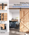 8 Ft Sliding Barn Door Hardware Kit with Straight Pulley Track for a Smooth Glide Like Butter and Quiet Operation, shown installed on wooden door
