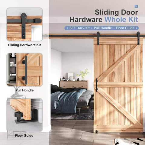 8 Ft Sliding Barn Door Hardware Kit with Straight Pulley Track for a Smooth Glide Like Butter and Quiet Operation, shown installed on wooden door