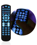 Backlit Universal Remote That Handles Four Devices, Boss Control For Samsung, Vizio, LG, Sony, Sharp, Roku, Apple TV, RCA, Panasonic And More, Easy Setup, Backlit Buttons, Works With Blu-ray, DVD, Streaming Players, Smart TV, Black, displaying glowing buttons in a dim setting.