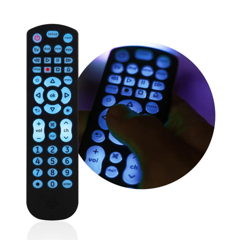 Backlit Universal Remote That Handles Four Devices, Boss Control For Samsung, Vizio, LG, Sony, Sharp, Roku, Apple TV, RCA, Panasonic And More, Easy Setup, Backlit Buttons, Works With Blu-ray, DVD, Streaming Players, Smart TV, Black, displaying glowing buttons in a dim setting.