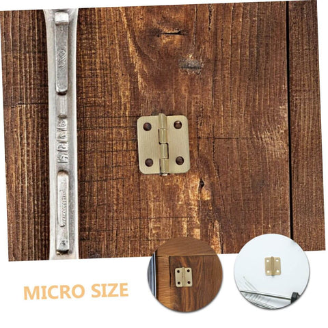 Mini Jewelry Box Hinges Set With Screws 40 Pcs 270 Degree Cabinet Hinges for miniature wooden crafts displayed on wood surface.