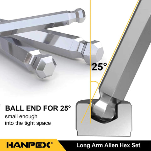 Close-up of Hanpex Long Arm Ball End Hex Key Set showing ball end design for 25-degree reach in tight spaces.